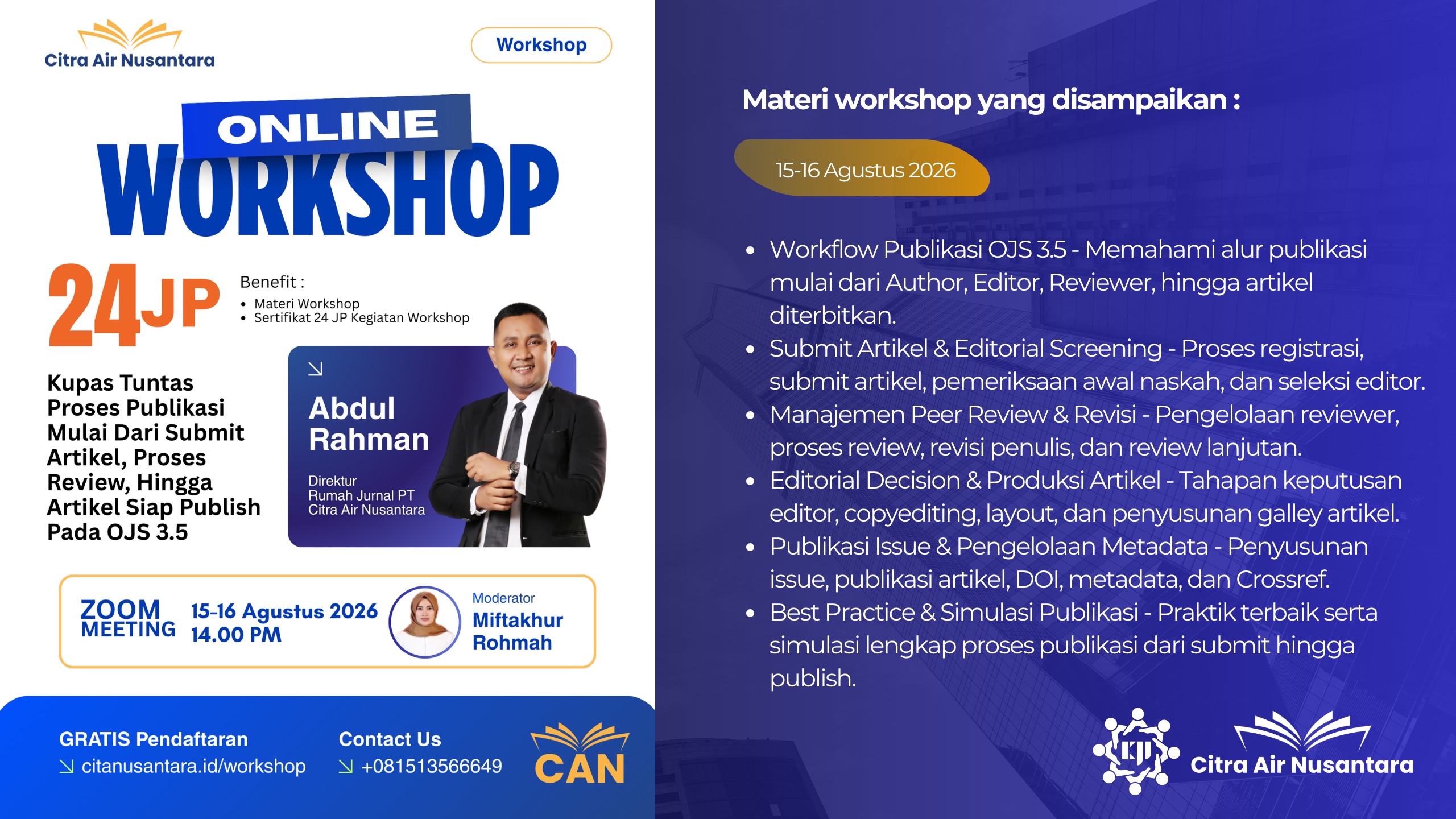 Online Workshop 24 JP: Kupas Tuntas Proses Publikasi Mulai Dari Submit Artikel, Proses Review, Hingga Artikel Siap Publish Pada OJS 3.5